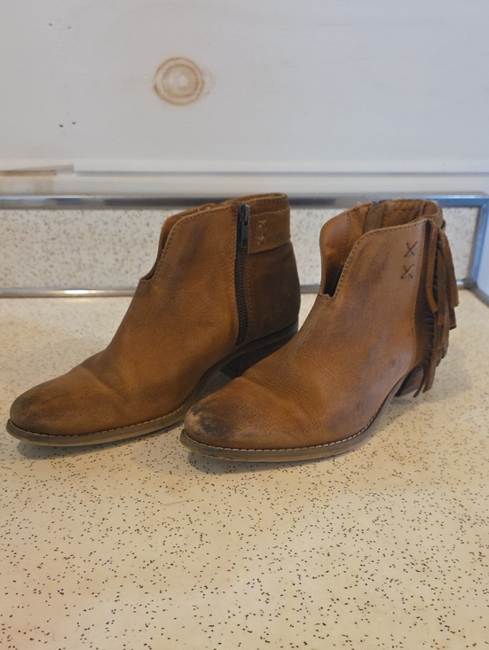 Diba True Shoes - Diba True Women's Leather Fringe Ankle Booties Side Zip 1.75" Block Heel Tan 7.5